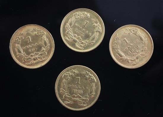 Three United States of America one dollar gold coins, 6.7g gross (4)